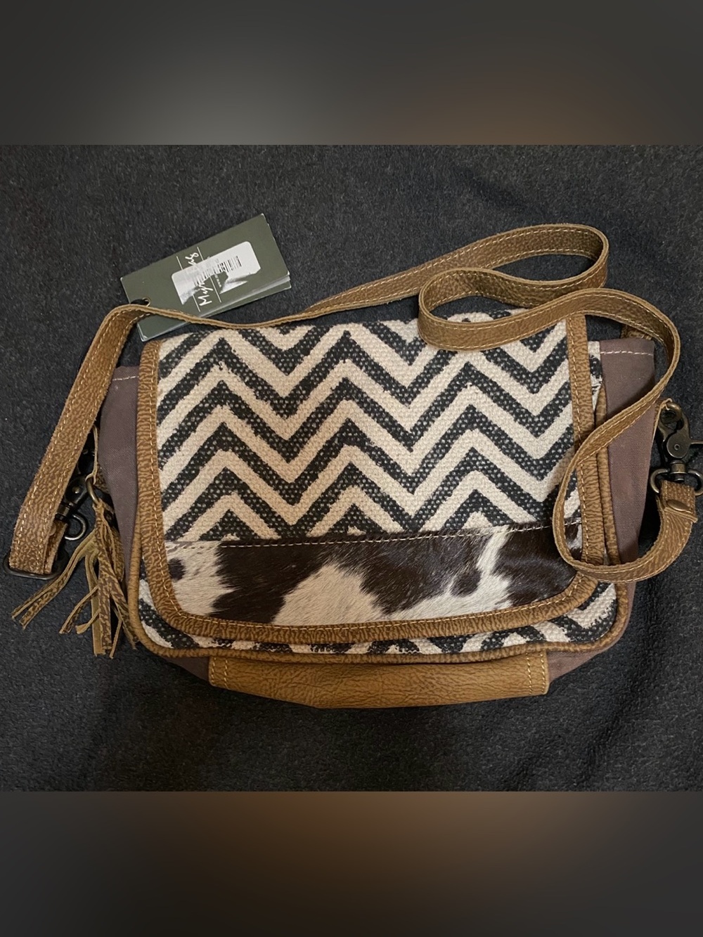 Stylish Brown Chevron & Haircalf Crossbody Bag